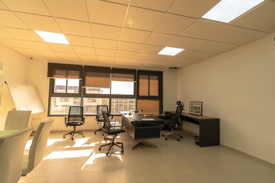 Bright and spacious office interior with natural lighting, featuring desks and chairs.